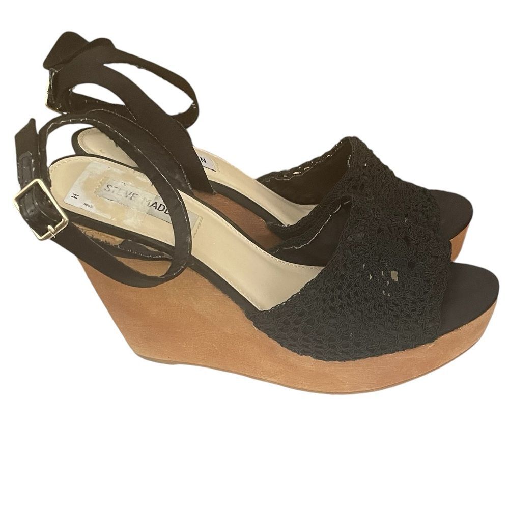 Steve Madden Black Ankle Strap Wedge Platform Crochet Sandals Women's Size 8